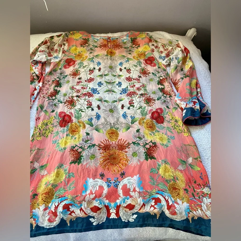 Johnny Was Coral Floral Silk Tunic with Teal & Cream Accents - Picture 11 of 16